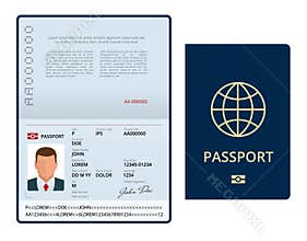 Vector Blank open passport template. International passport with sample personal data page. Document for travel and