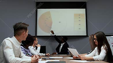 A multi ethnic group with an African American director talk and problems in the company and discuss problem solving on a