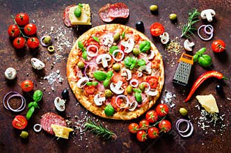 Food ingredients and spices for cooking delicious italian pizza. Mushrooms, tomatoes, cheese, onion, oil, pepper, salt