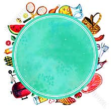 Hand drawn watercolor set of various objects for picnic, summer eating out and barbecue with round green frame