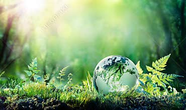 Environmental Concept- Globe On Moss In Forest -