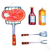 Hand drawn watercolor set of various objects for picnic, summer eating out and barbecue - meat and sauces