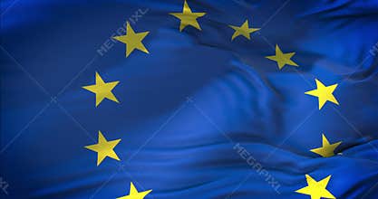 European EU flag, euro flag, flag of european eurozone union waving, yellow star on blue background, close-up