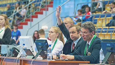 KAZAN, RUSSIA - APRIL 18, 2018: All-Russian gymnastics championship - Composition of judges