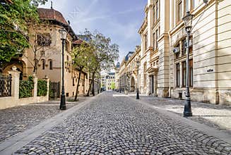 The beautiful Strada Postei street in the Lipscani district, in a moment of tranquility , historical center of Bucharest
