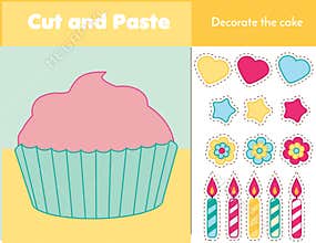 Cut and paste children educational game. Paper cutting activity. Decorate a cupcake with glue and scissors. Stickers game for todd
