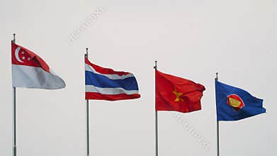 Southeast asia countries flags waving on gray sky