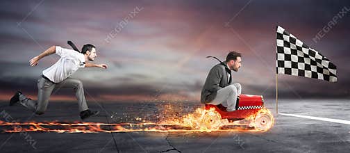 Fast businessman with a car wins against the competitors. Concept of success and competition