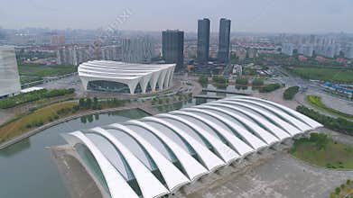 Aerial video of Shanghai Oriental Sports Center 4K fog, dusk