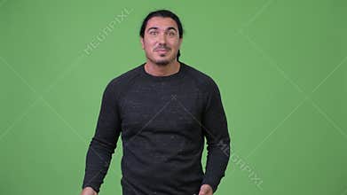 Handsome man presenting something