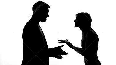 Boyfriend and girlfriend shouting each other, family quarrel, relations conflict