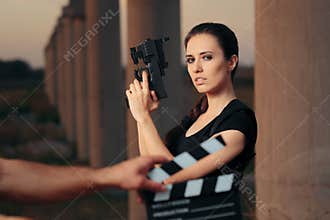 Action Female Superhero Actress Movie Star Shooting Scene
