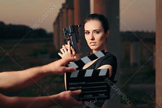 Action Female Superhero Actress Movie Star Shooting Scene