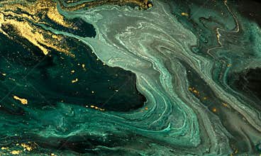 Green marble abstract acrylic background. Marbling artwork texture. Agate ripple pattern. Gold powder.