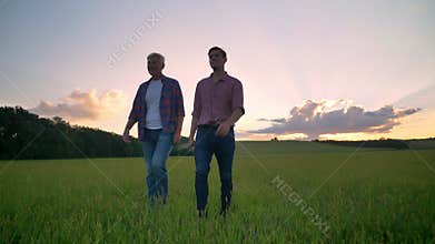 Happy old father and adult son smiling and walking on wheat or rye field, beautiful sunset in background