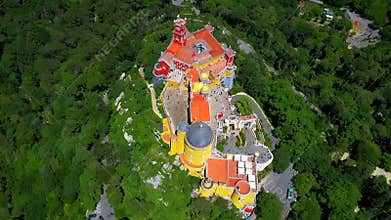 Aerial footage. Palace of Pena, Sintra, Lisbon, Portugal
