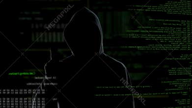 Man in hood push button on virtual screen with scripts, anonymous cyber attack