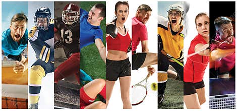 Sport collage about soccer, american football, badminton, tennis, boxing, ice and field hockey, table tennis