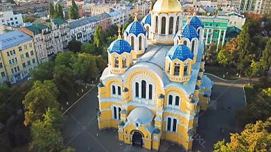 St Volodymyr`s Cathedral Kyiv Kiev Ukrain landmarks. Top vie from drone aerial video fooatge. Famouse tourist places