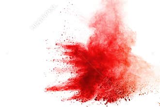 Abstract of red powder explosion on white background. Red powder splatted isolate. Colored cloud. Colored dust explode. Paint Holi