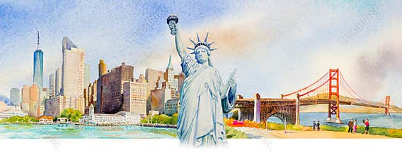Statue Liberty, Manhattan urban, Golden gate bridge in USA.