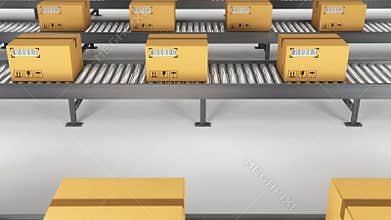 Boxes on conveyor roller. 3D Rendering animation