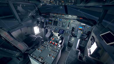 Wise angle view of an empty cockpit of a functioning airplane