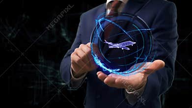Businessman shows concept hologram 3d jet on his hand