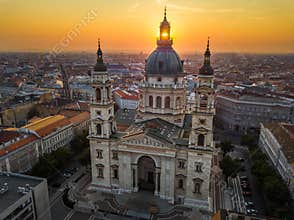 Budapest, Hungary - The rising sun shining through the tower of the beautiful St.Stephen`s Basilica Szent Istvan Bazilika