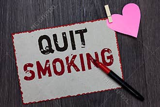 Text sign showing Quit Smoking. Conceptual photo Discontinuing or stopping the use of tobacco addiction White page red borders mar