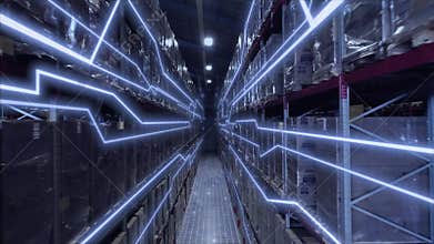Warehouses large logistics commerce structure with boxes on the shelf. Teamwork male person industry production, using