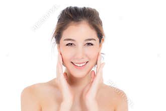 Beautiful girl with makeup, woman and skin care cosmetic concept / attractive asian girl on face isolated