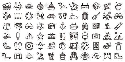 Big summer vacations icon set. Vector thin line illustrations