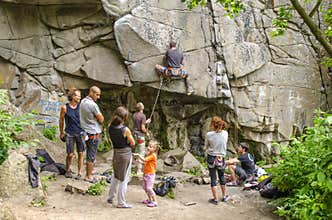 Buksky Canyon near Buki village, Mankovsky District, Cherkassy Region, Ukraine - May 26, 2018: Training of mountaineers