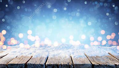 Winter Background - Snowy Table With Christmas Lights