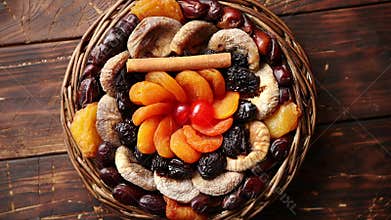 Mix of dried fruits in a small wicker basket on wooden table