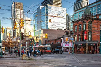 Toronto, Canada â€“ December 4th 2018 - Toronto streets with crowd and public traffic in the fall, early winter