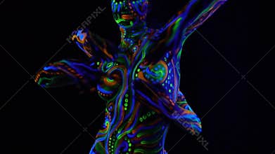 Close up of two women with colorful ultraviolet body art, performing an artistic move