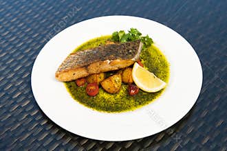 Deep Fried Salmon Seabass fish cut meat with chip