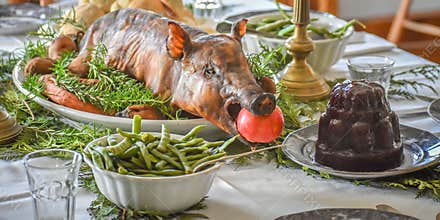 Christmas Dinner with Roasted Pig