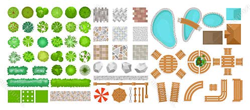 Vector illustration set of park elements for landscape design. Top view of trees, outdoor furniture, plants and