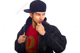 Young Asian Man in Hip Hop Style Hoodie Isolated on White