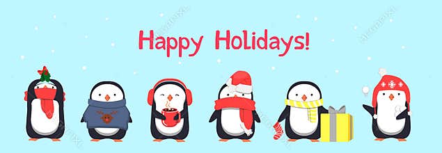 Happy Holidays greeting card with penguins