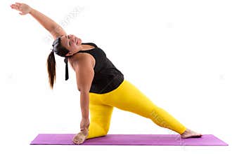 Studio shot of young happy fat Asian woman smiling and bending b