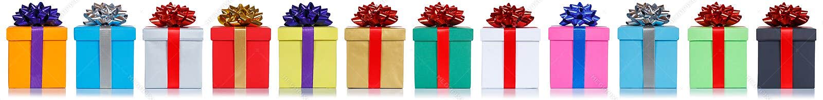 Gifts gift christmas birthday presents in a row isolated on white background