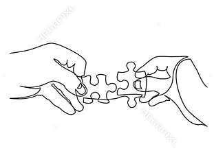 Continuous line drawing of hands solving jigsaw puzzle