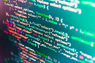 Technology background. Monitor closeup of function source code. WWW software development.