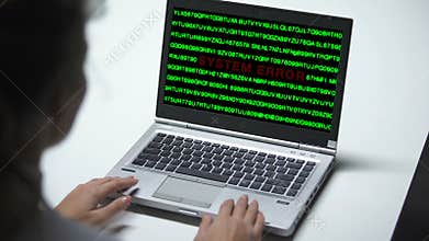 System error on laptop computer, woman working in office, cybercrime, hacking