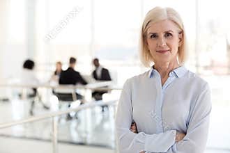 Confident lady business coach team leader posing in office, port
