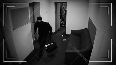 Masked thieves running off with begs of money, shooting in surveillance camera